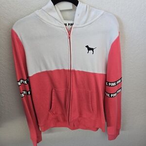 PINK Victoria's Secret Coral and White Zip-Up Hoodie